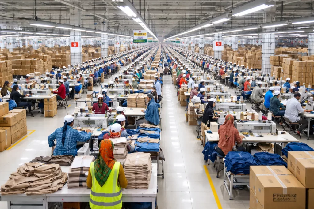 Wide shot of a Bangladesh garment production floor with organized sewing lines, inspection stations, and export cartons in the background