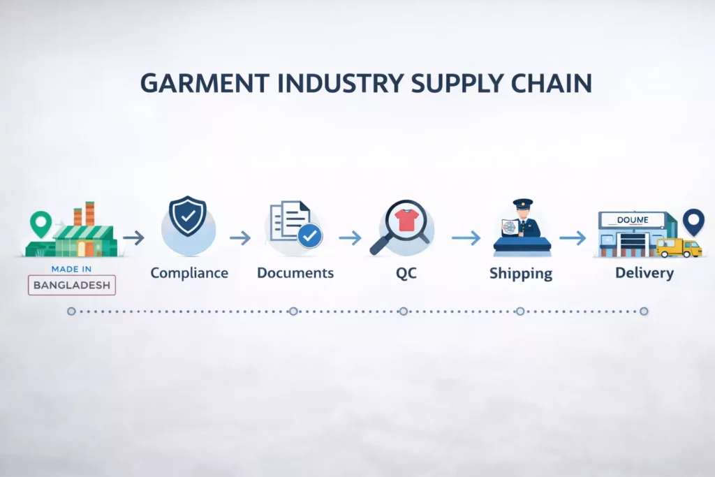 A clean infographic showing a supply chain line from Bangladesh factory to European warehouse with icons for compliance, documents, QC, shipping, customs, and delivery,