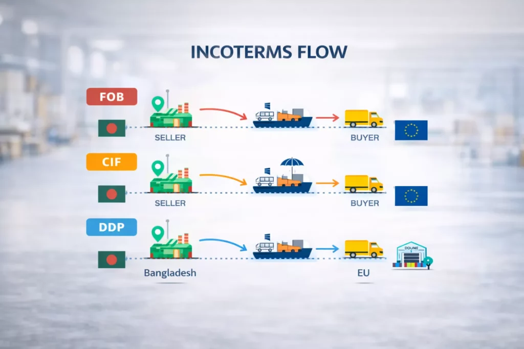 Minimal infographic showing Incoterms flow for FOB vs CIF vs DDP from Bangladesh port to EU warehouse, clean icons,