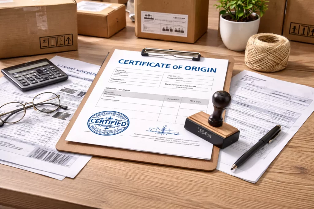 A professional image showing a certificate of origin concept with a stamp, shipment documents, and export cartons in the background