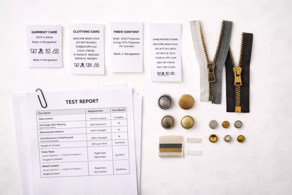 A compliance-focused flat lay showing garment care label samples, fiber composition label, test report pages, and trim samples like metal buttons and zippers,