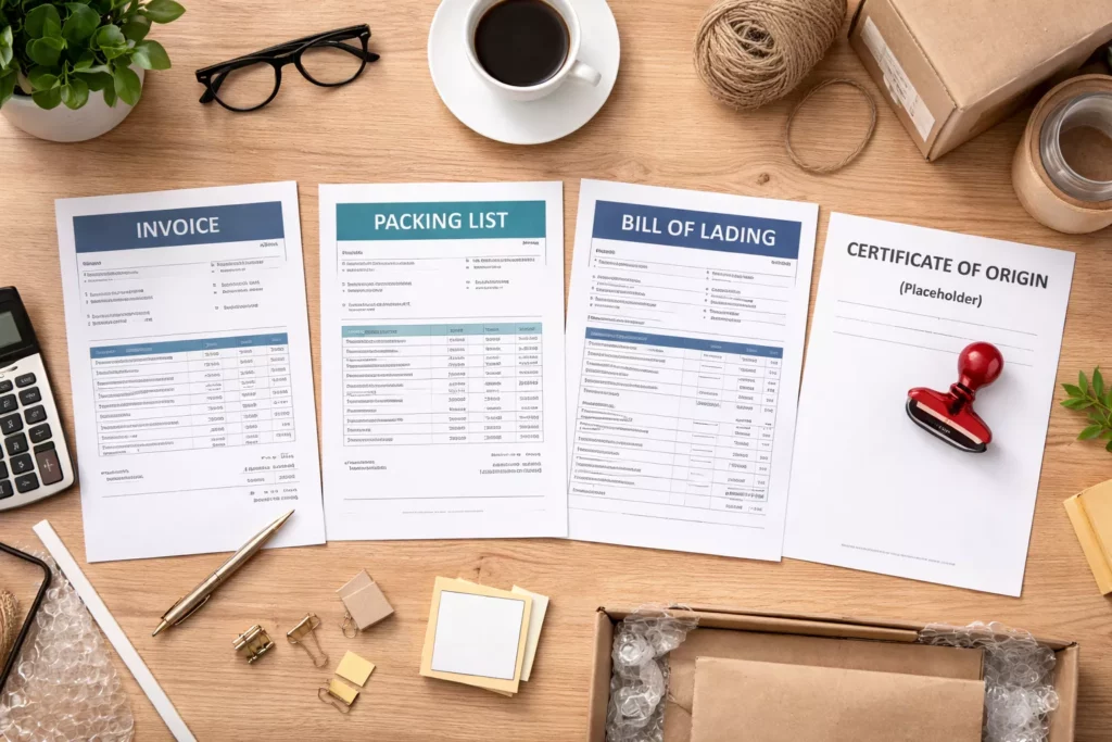 Top-down desk scene with invoice, packing list, bill of lading, certificate of origin placeholder, and a stamp,