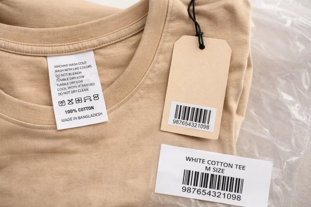 Close-up product photo of a garment with care label, fiber label, hangtag barcode, and polybag sticker visible, clean professional e-commerce style
