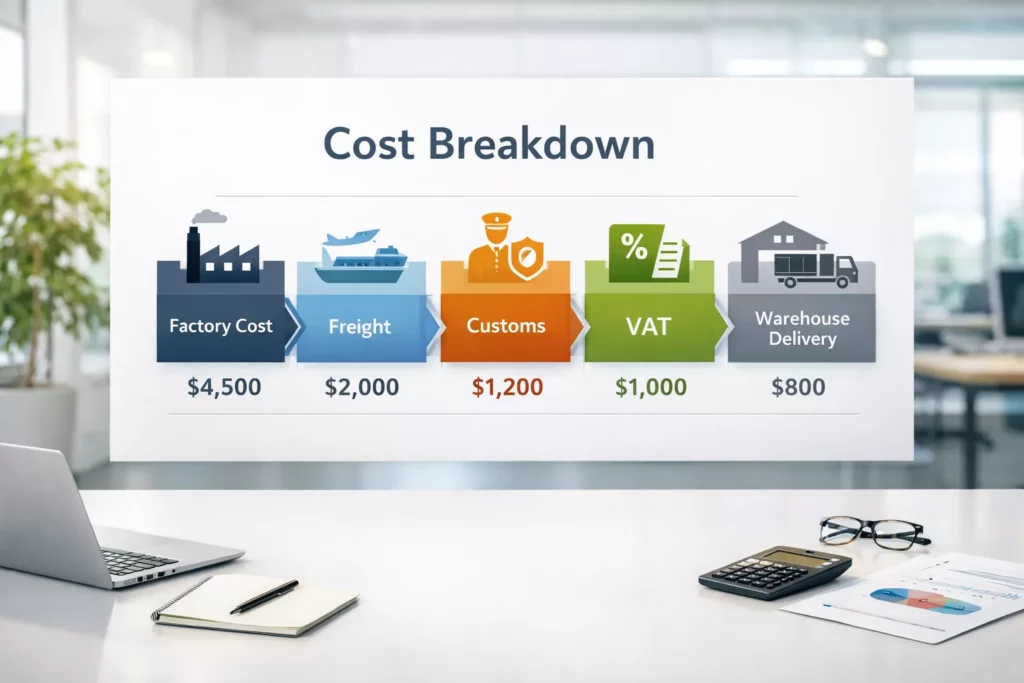 A clean cost breakdown infographic with segments: factory cost, freight, customs, VAT, warehouse delivery,