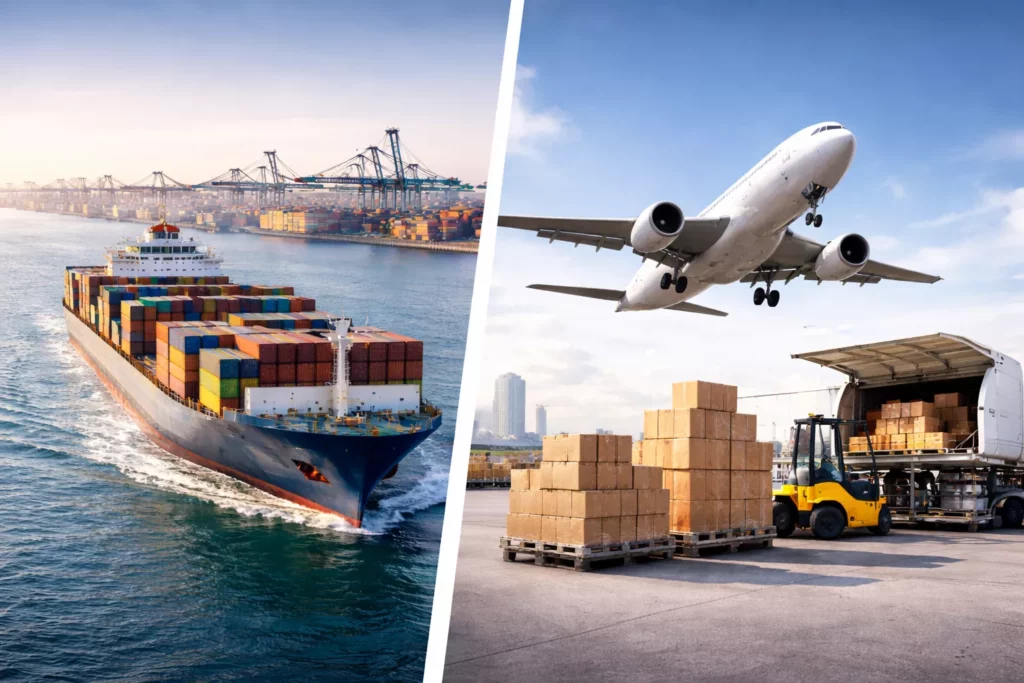 Split visual concept showing a cargo ship and a cargo airplane with garment cartons, clean modern composition