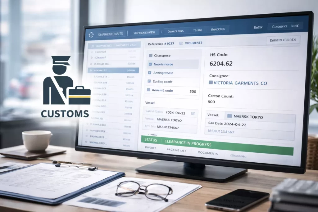 A modern logistics control screen showing digital shipment data fields like HS code, consignee, carton count, and vessel info, with a customs icon overlay
