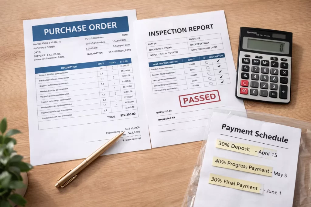 Professional concept photo showing a purchase order, inspection report, and payment schedule notes on a desk with a calculator,