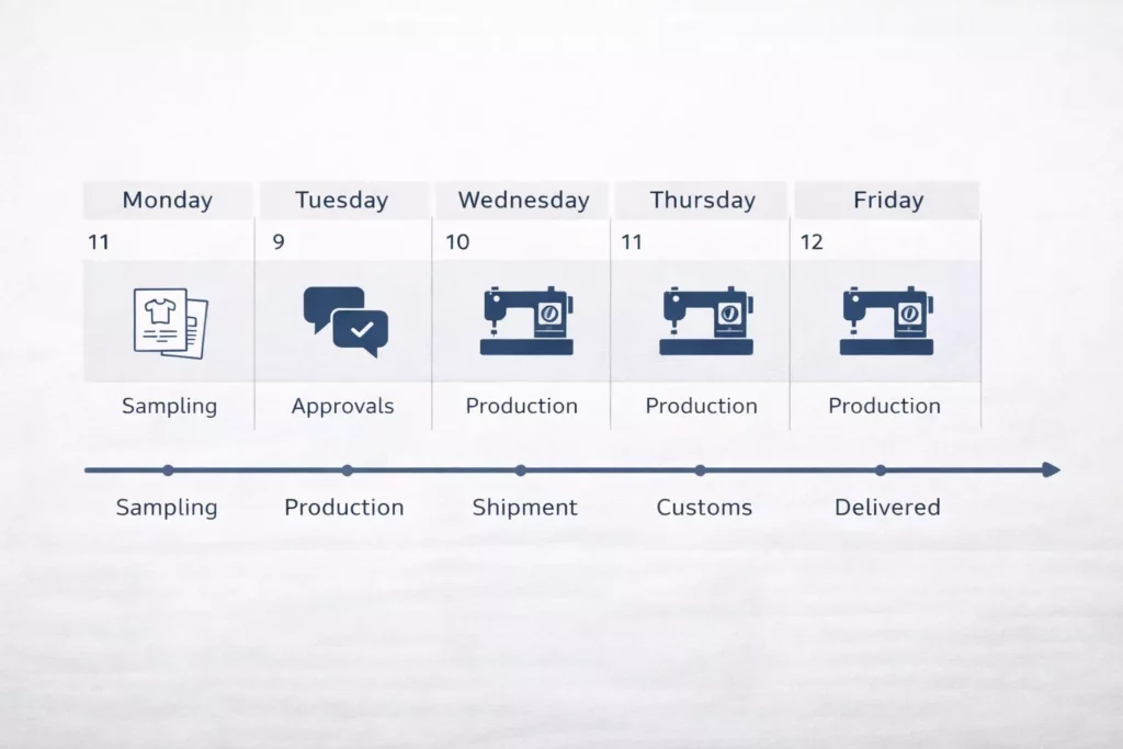 A calendar-style production timeline graphic labeled from sampling to EU warehouse delivery, with icons for approvals, QC, shipment, customs