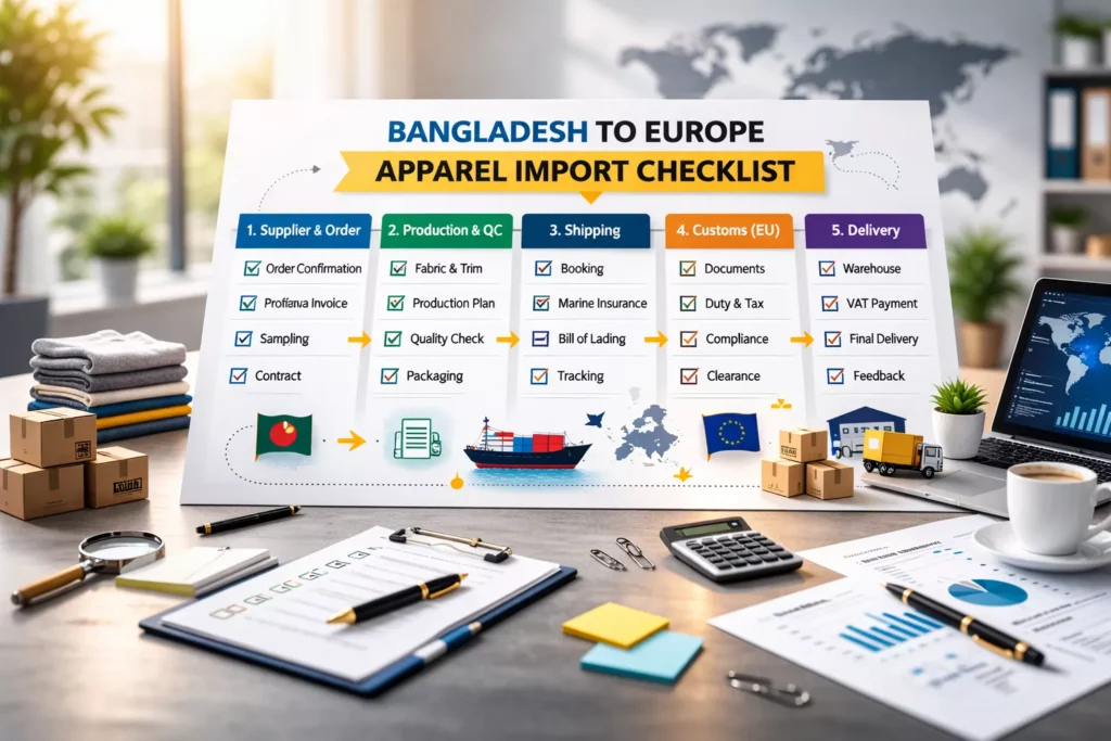 One-page printable-style checklist design titled “Bangladesh to Europe Apparel Import Checklist” with tick boxes,