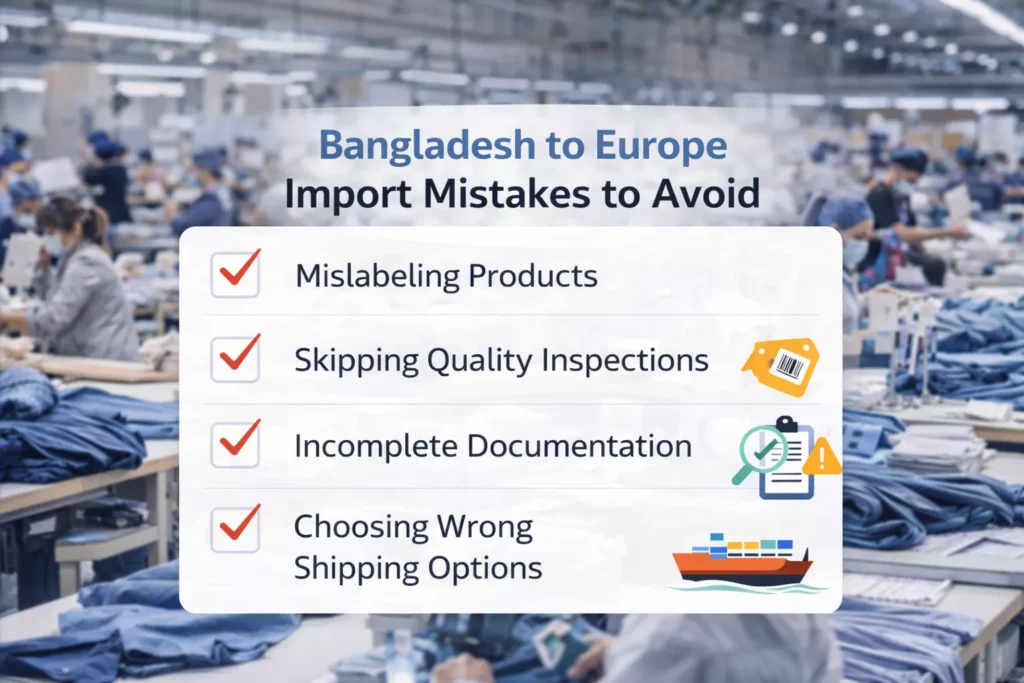 A clean checklist infographic titled “Bangladesh to Europe Import Mistakes to Avoid” with icons for labels, QC, documents, shipping,