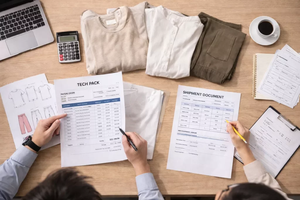A modern factory office scene with merchandisers reviewing tech packs and shipment documents beside garment samples
