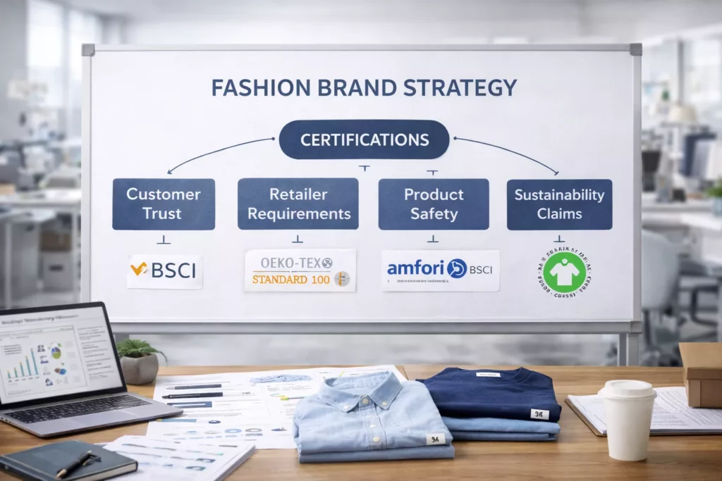 Fashion brand strategy board linking certifications to customer trust, retailer requirements, product safety, and sustainability claims,