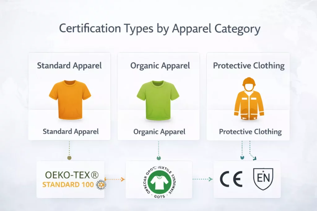 Simple visual summary showing standard apparel, organic apparel, and protective clothing mapped to the most relevant certification type, modern infographic style, 16:9.