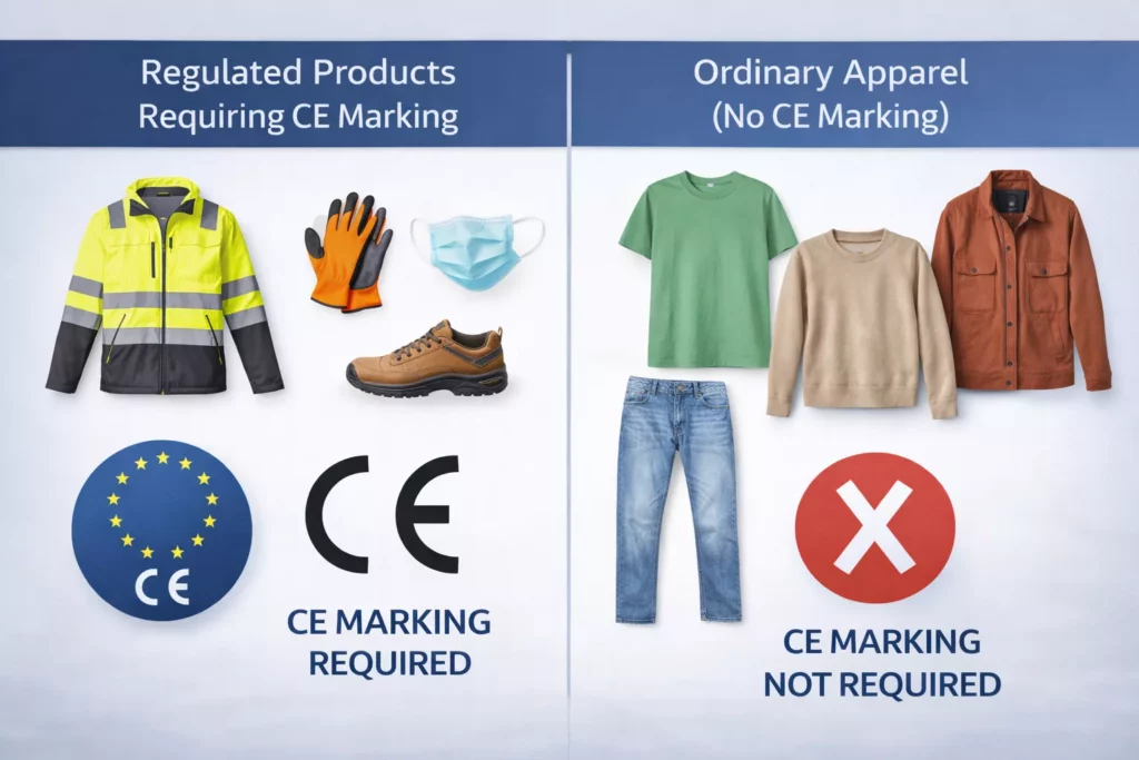 CE marking educational layout showing regulated products versus ordinary apparel, with clear visual separation and EU compliance symbols,