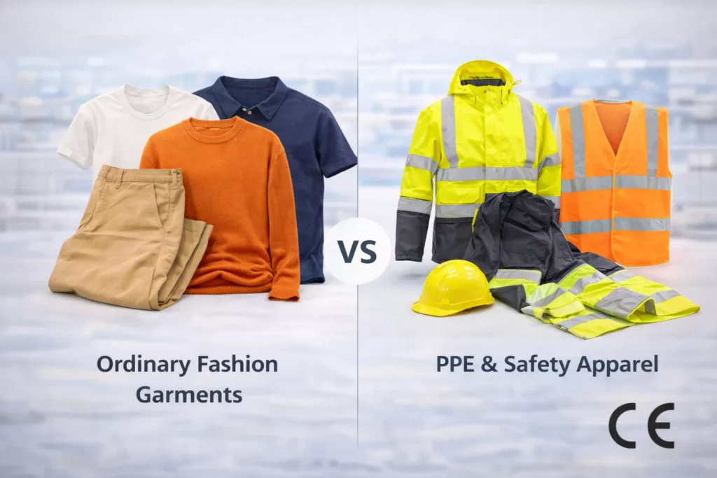 Comparison image showing ordinary fashion garments on one side and PPE garments like high-visibility or safety apparel on the other, with CE relevance noted clearly
