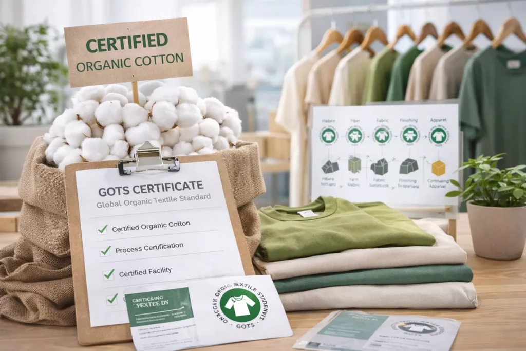 Organic textile certification scene with certified cotton, GOTS documents, finished garments, and supply-chain process visuals arranged in a premium sustainable fashion setting