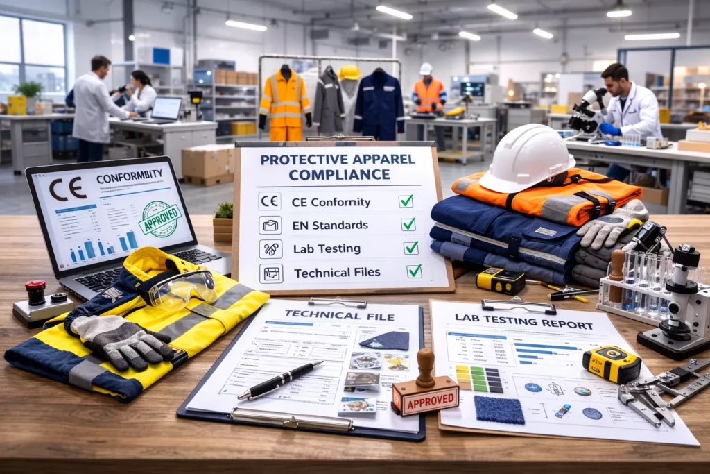 Protective apparel compliance scene with PPE garments, CE conformity paperwork, technical files, and lab testing context, industrial-professional