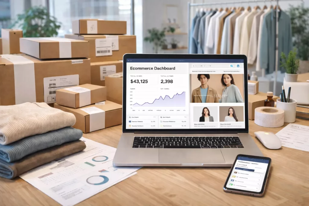 Modern direct-to-consumer clothing brand scene with an ecommerce dashboard