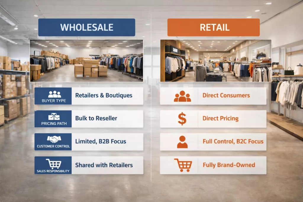 Clean side-by-side visual comparing wholesale and retail clothing models with simple labels for buyer type
