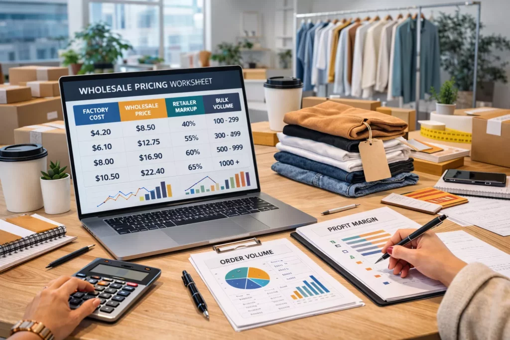 Wholesale apparel pricing worksheet showing factory cost, wholesale price, retailer markup