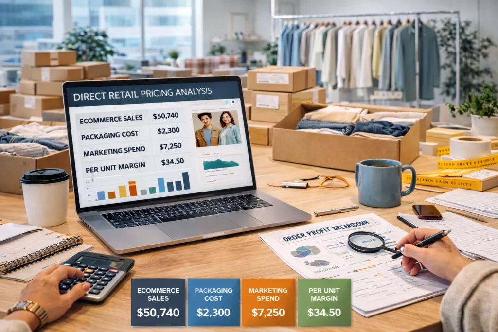 Direct retail clothing pricing scene with ecommerce sales, packaging costs, marketing spend