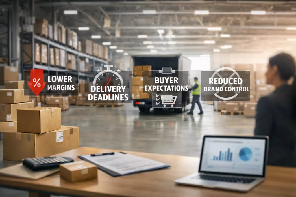 Wholesale challenge visual with lower margins, delivery deadlines, buyer expectations, and reduced brand control