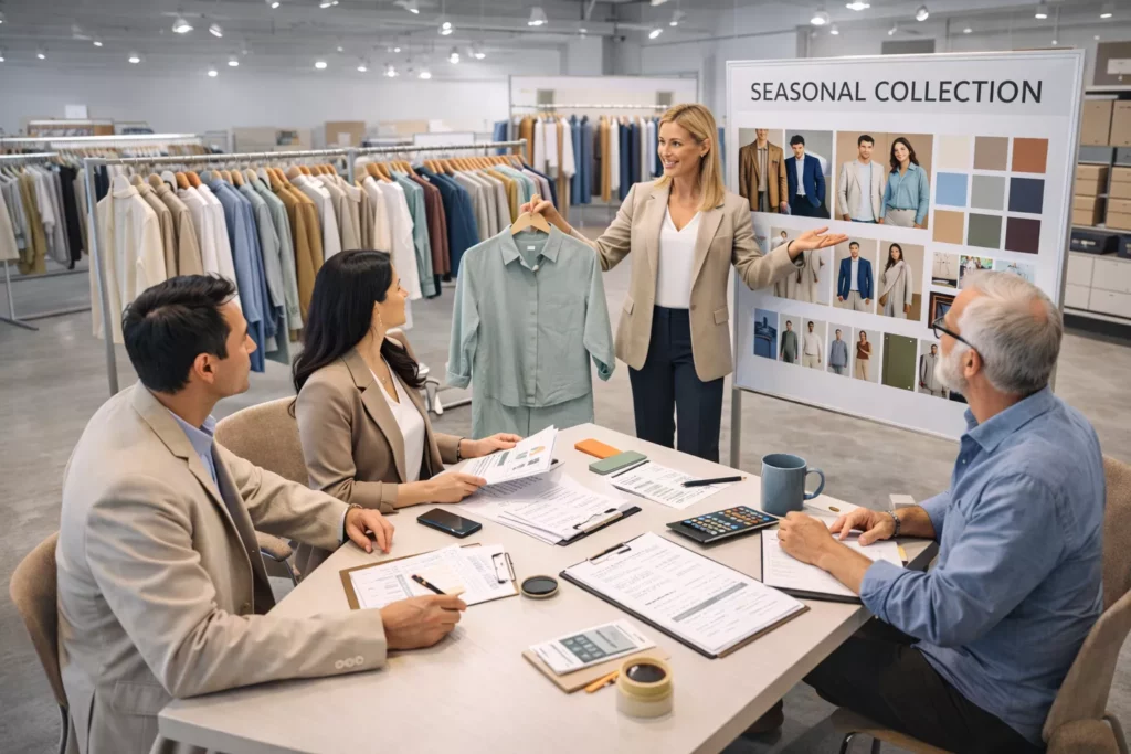 Apparel brand presenting seasonal collection to boutique buyers in a clean wholesale showroom with racks