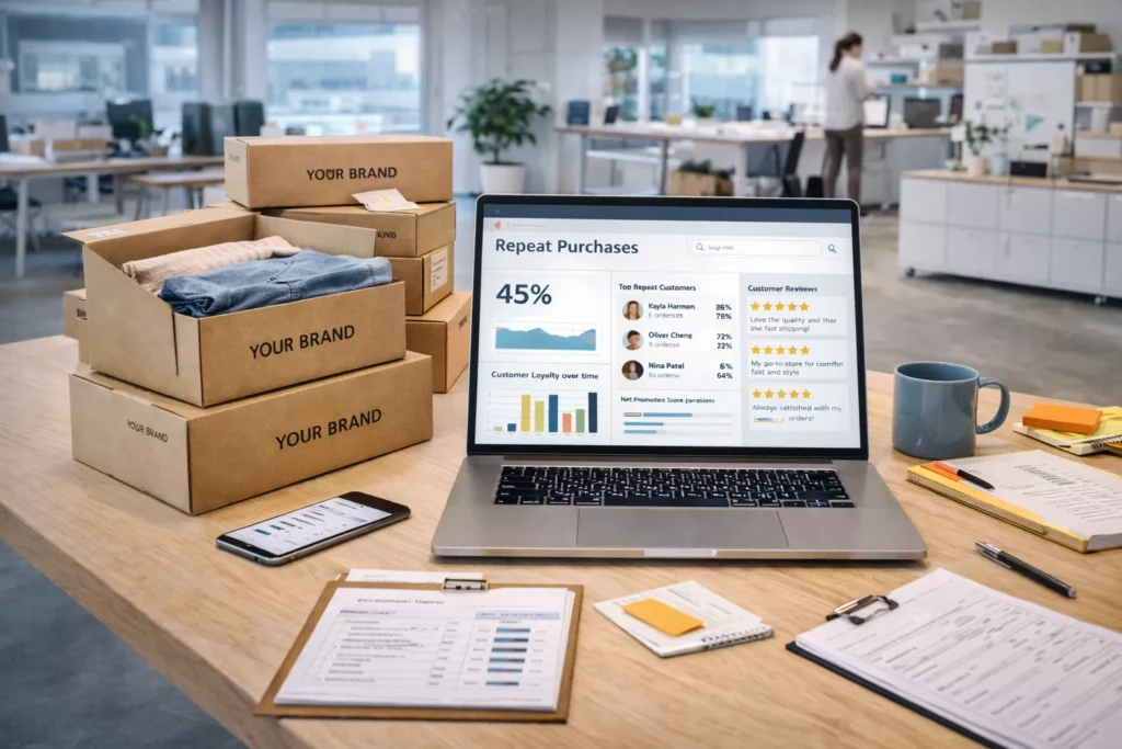 Direct-to-consumer clothing brand scene with branded packaging, ecommerce orders, customer reviews, and repeat-purchase dashboard