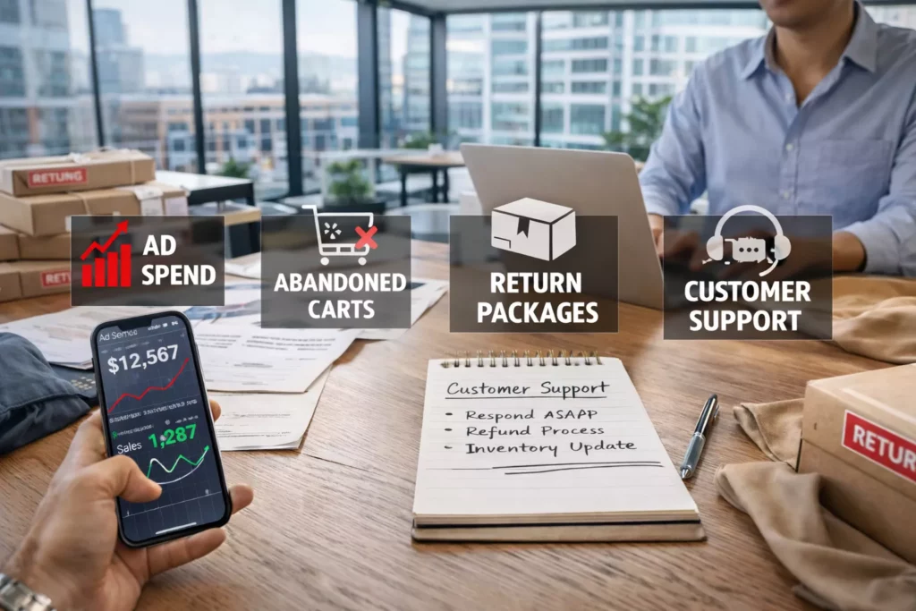 DTC fashion business challenge scene showing ad spend, abandoned carts, return packages, and customer support notes across a founder’s desk