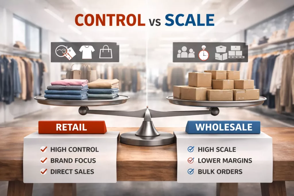 Control versus scale concept graphic for clothing business