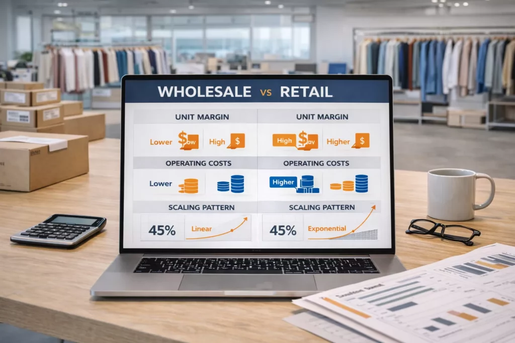 Clean comparison chart showing unit margin, operating cost, and scaling pattern differences between wholesale and retail clothing business models