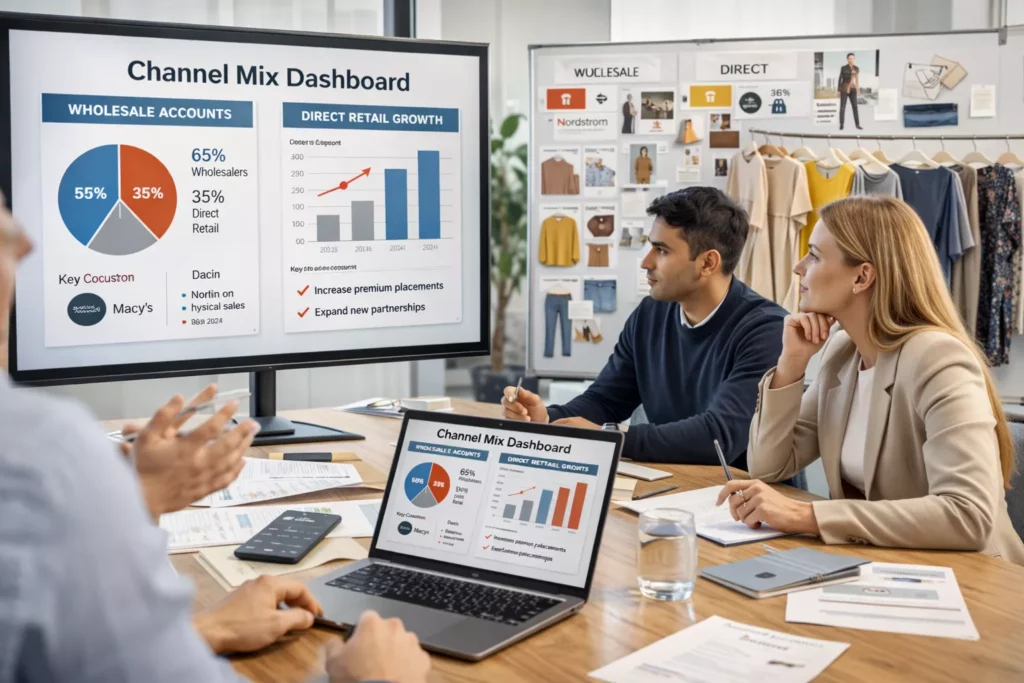 Established fashion brand strategy meeting with channel mix planning for wholesale accounts and direct retail growth shown on a dashboard and collection board