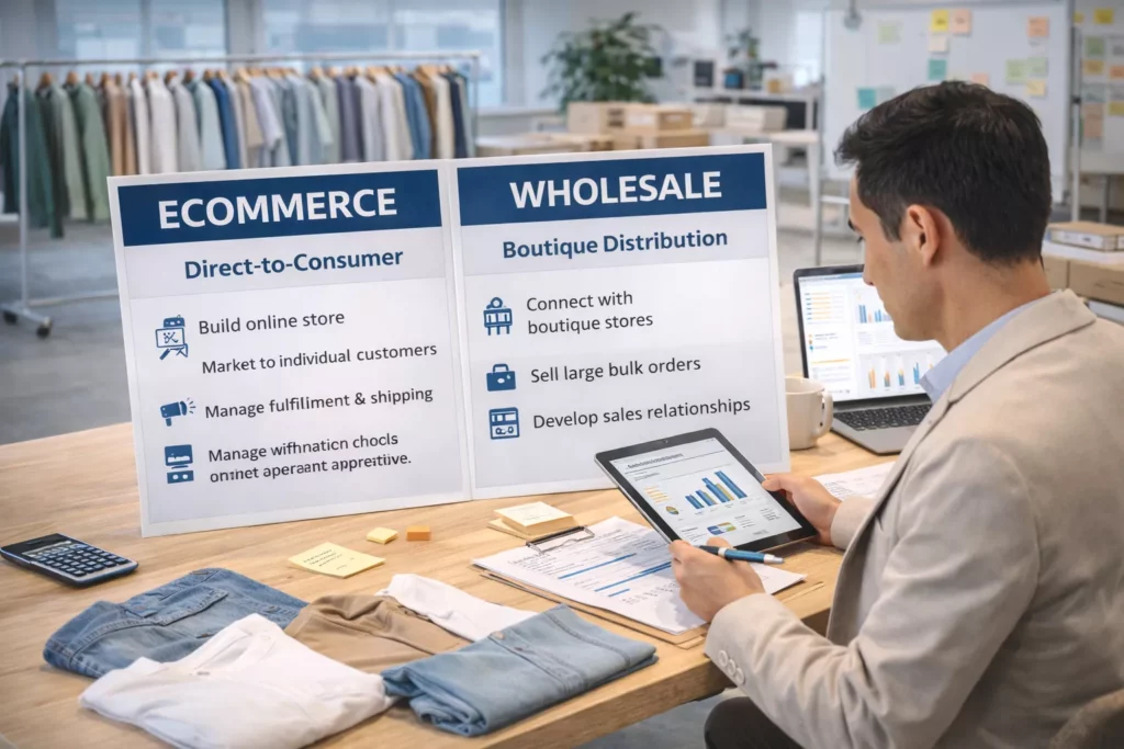Startup clothing founder reviewing launch options between direct-to-consumer ecommerce and boutique wholesale outreach