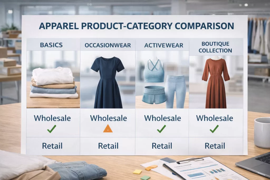 Apparel product-category comparison showing basics, occasionwear, activewear, and boutique collections aligned with wholesale and retail suitability