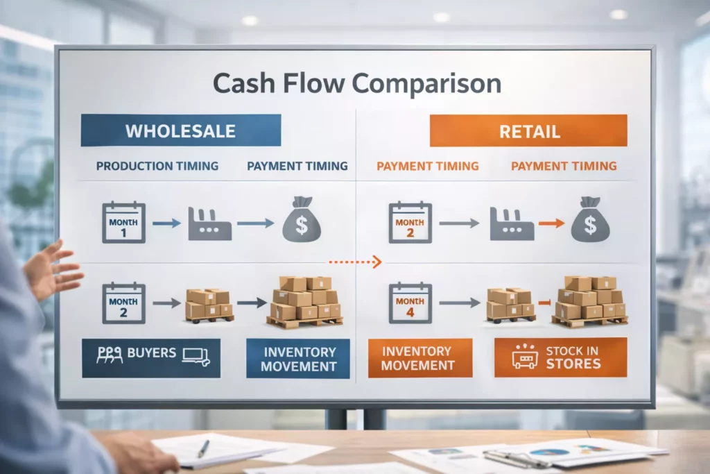 Cash flow comparison board for wholesale and retail apparel models showing production timing, payment timing, and inventory movement, clean financial visua
