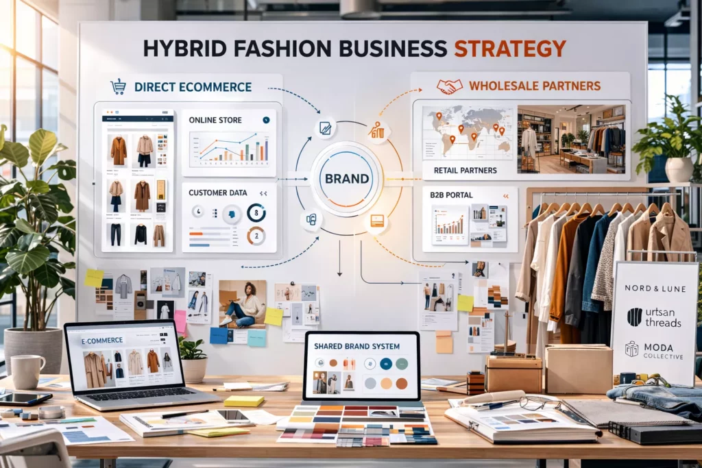 Hybrid fashion business strategy board showing direct ecommerce on one side and curated wholesale retail partners on the other, connected by shared brand system