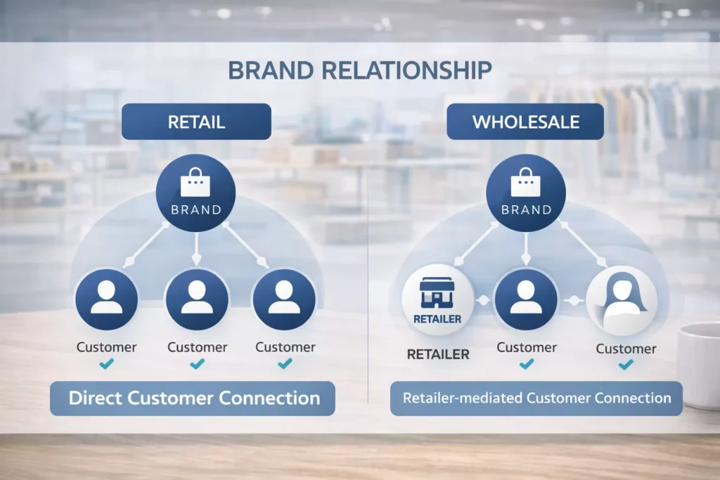 Brand relationship visual comparing direct customer connection in retail with retailer-mediated customer connection in wholesale, premium modern brand strategy style