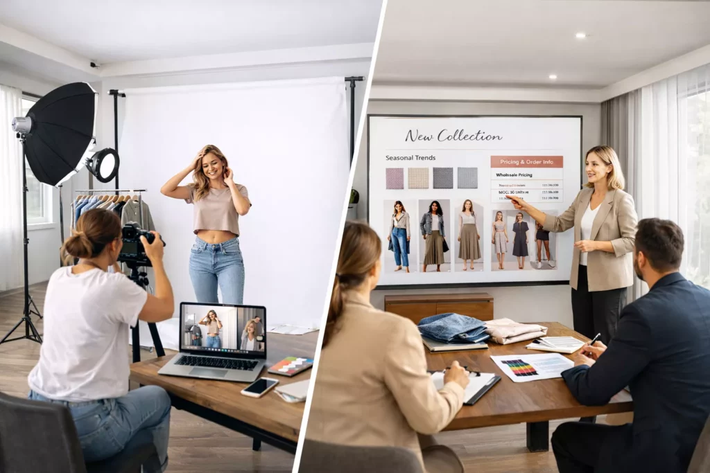 Split-screen marketing comparison showing DTC fashion content creation on one side and wholesale buyer presentation materials on the other