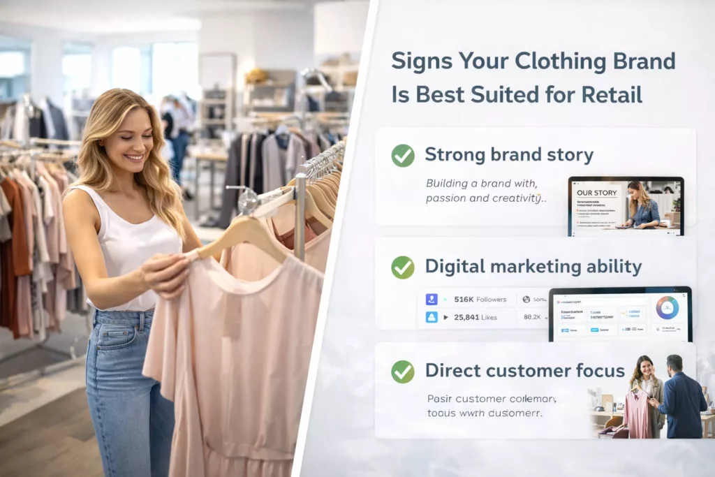 Checklist visual showing signs a clothing brand is best suited for retail, including strong brand story, digital marketing ability, and direct customer focus
