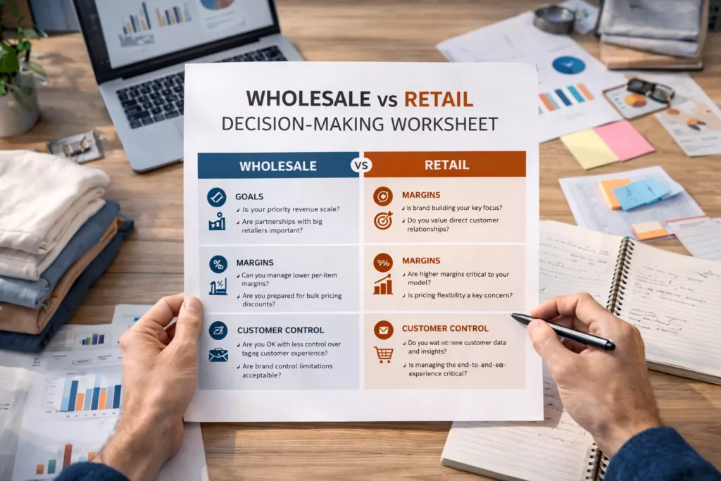 Decision-making worksheet for clothing founders comparing goals, margins, customer control, and operational fit between wholesale and retail