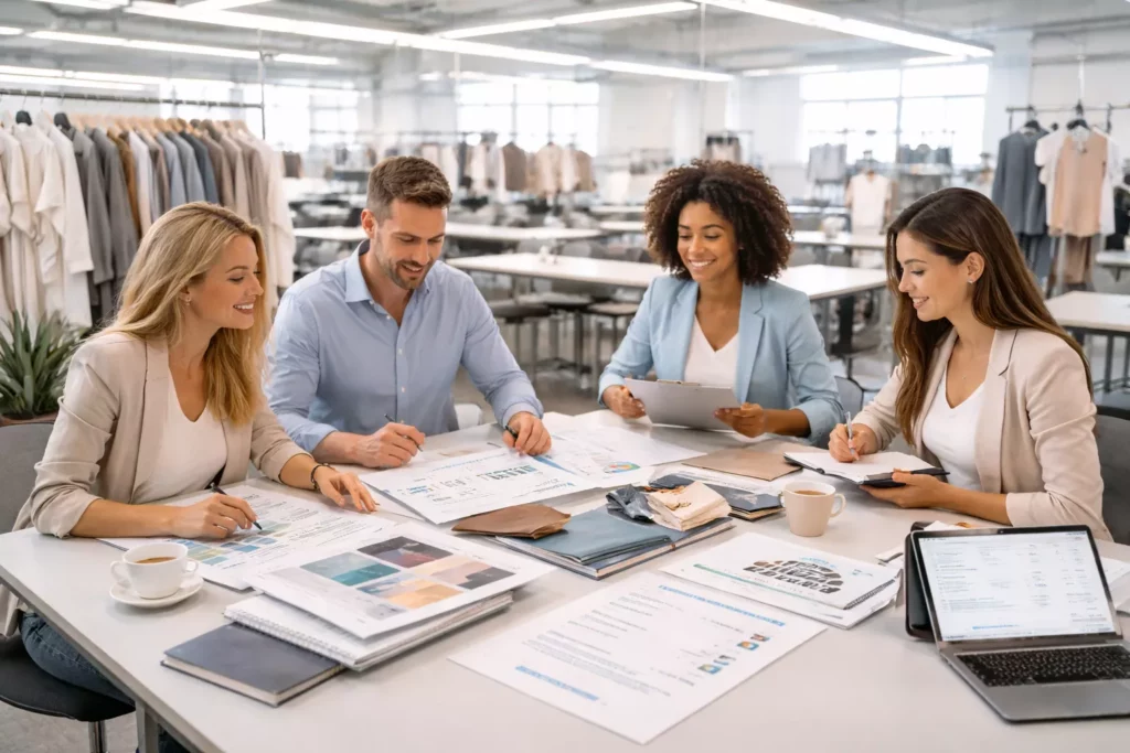 Professional apparel strategy meeting with cost sheets, collection samples, pricing notes, and channel planning documents reviewed by a merchandising team in a modern factory office