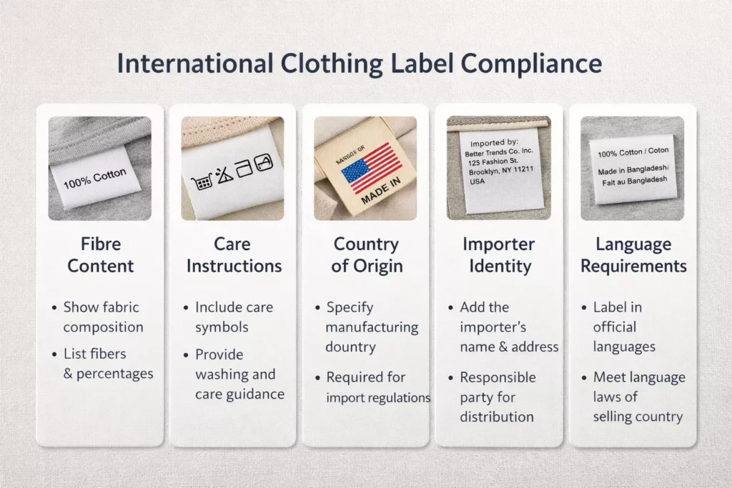 Modern infographic showing international clothing label compliance with icons for fibre content, care instructions, country of origin, importer identity, and language requirements,