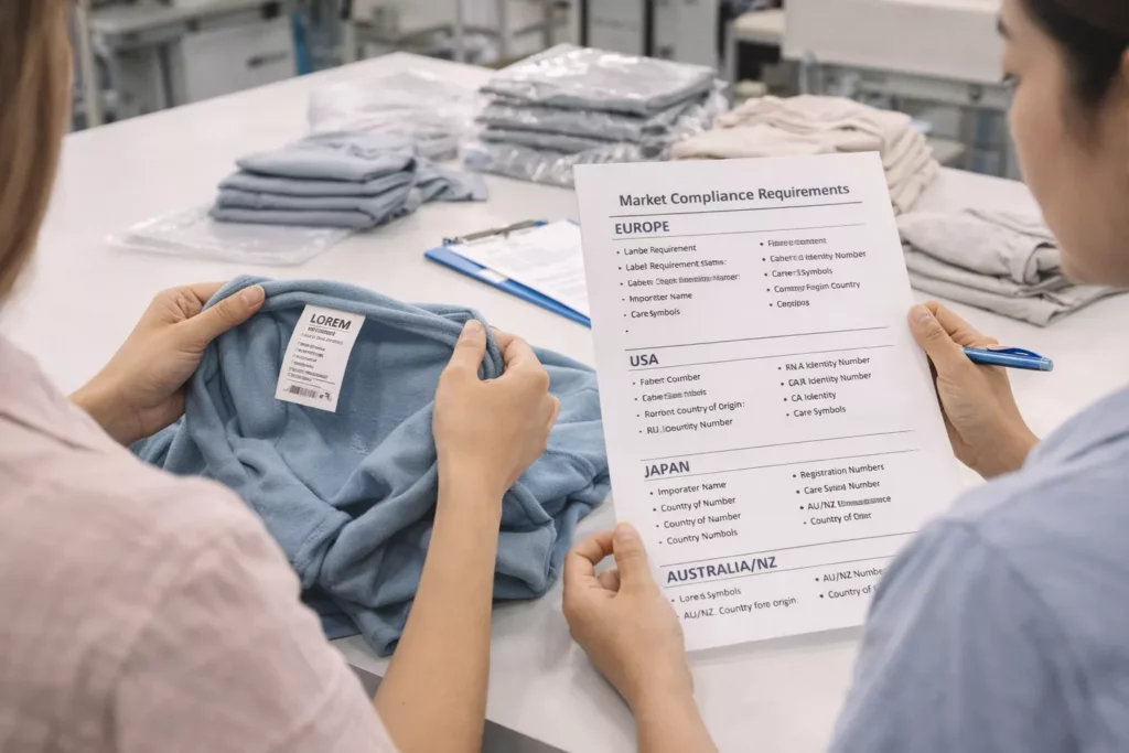 Apparel export quality check scene with staff reviewing garment labels against destination-market compliance sheets, realistic factory-office environment