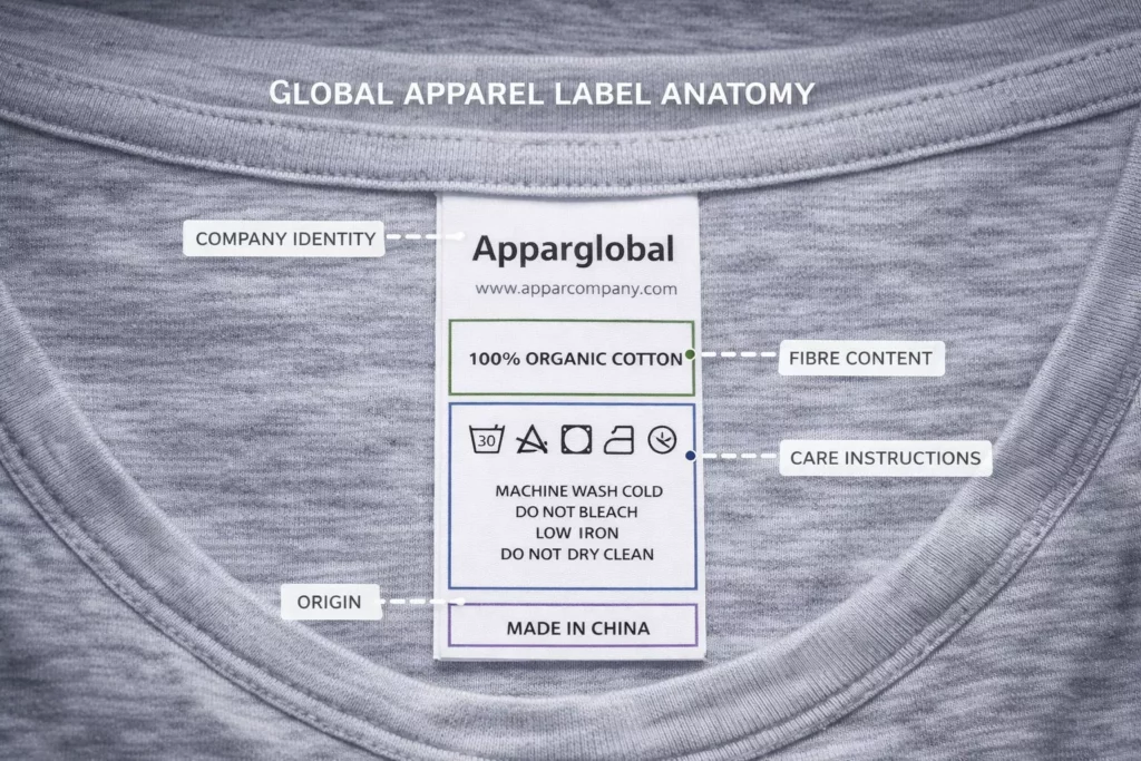 Global apparel label anatomy diagram showing fibre content, care instructions, origin, and company identity fields on a garment label, modern clean layout, 16:9.