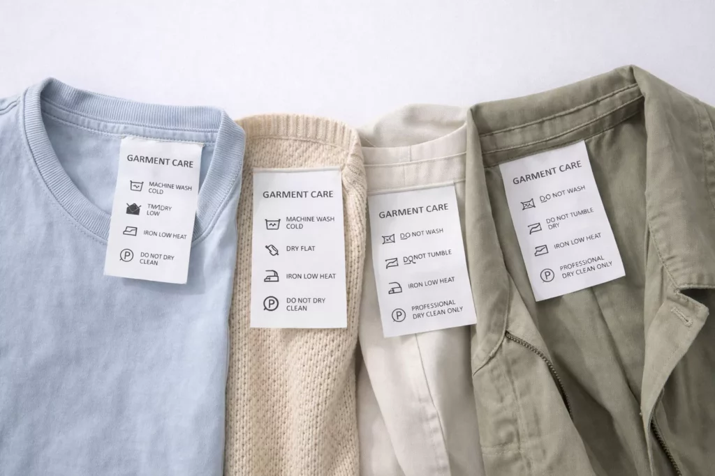 Garment care label comparison showing wash, dry, iron, and dry-clean instructions attached to different clothing categories