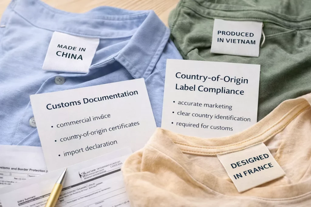 Country-of-origin label review scene with garments tagged “Made in,” “Produced in,” and “Designed in,” alongside compliance notes and customs paperwork