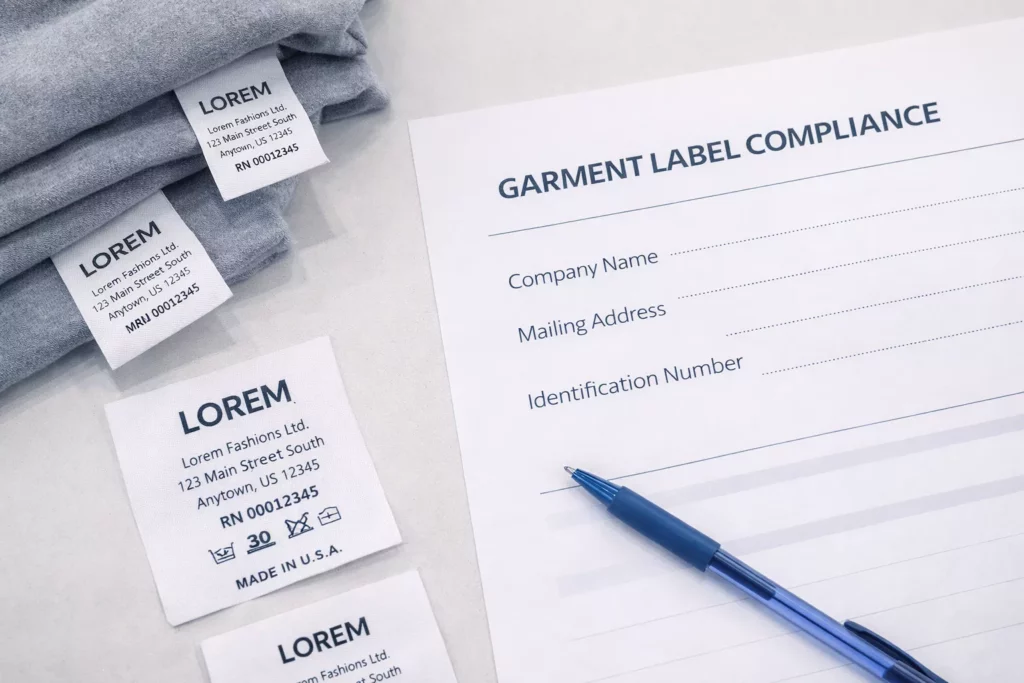 Garment label compliance sheet showing company name, mailing address, and identification number fields beside branded labels