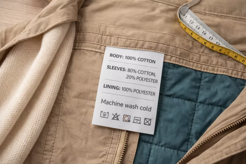 Multi-component garment label example showing separate fibre-content disclosures for body, sleeves, and lining