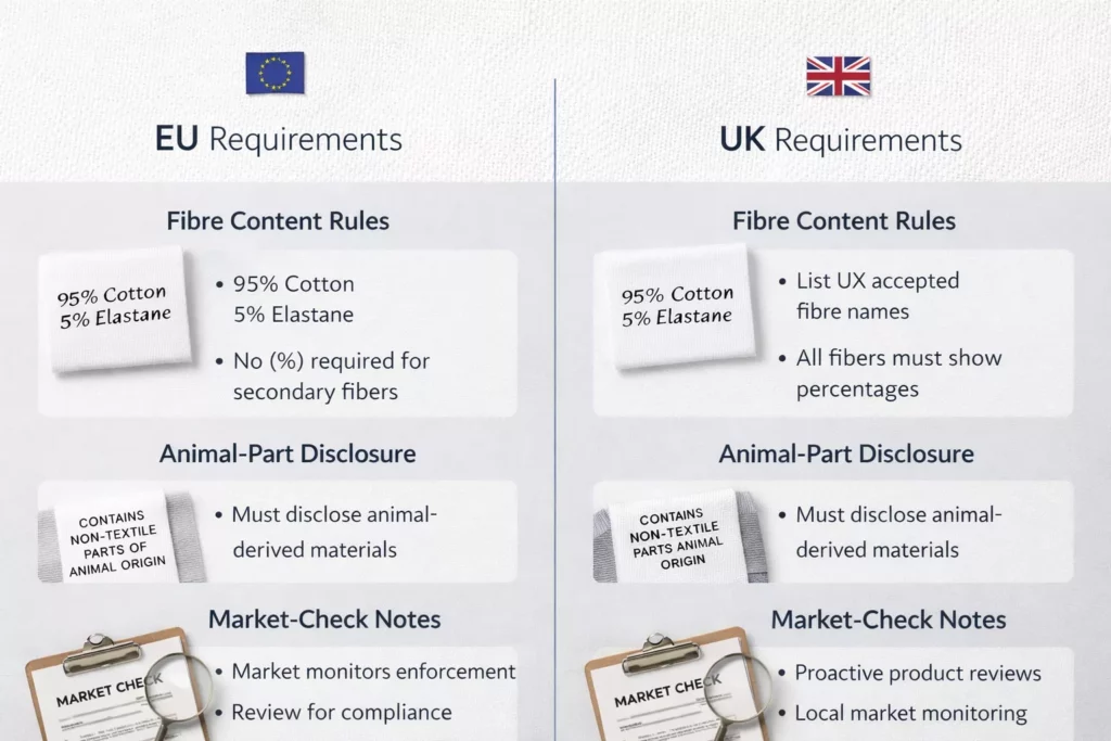 EU and UK clothing label comparison board with fibre content rules, animal-part disclosure, and market-check notes