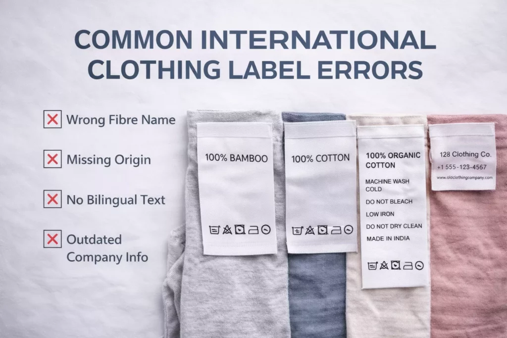 Checklist graphic showing common international clothing label errors like wrong fibre names, missing origin, no bilingual text